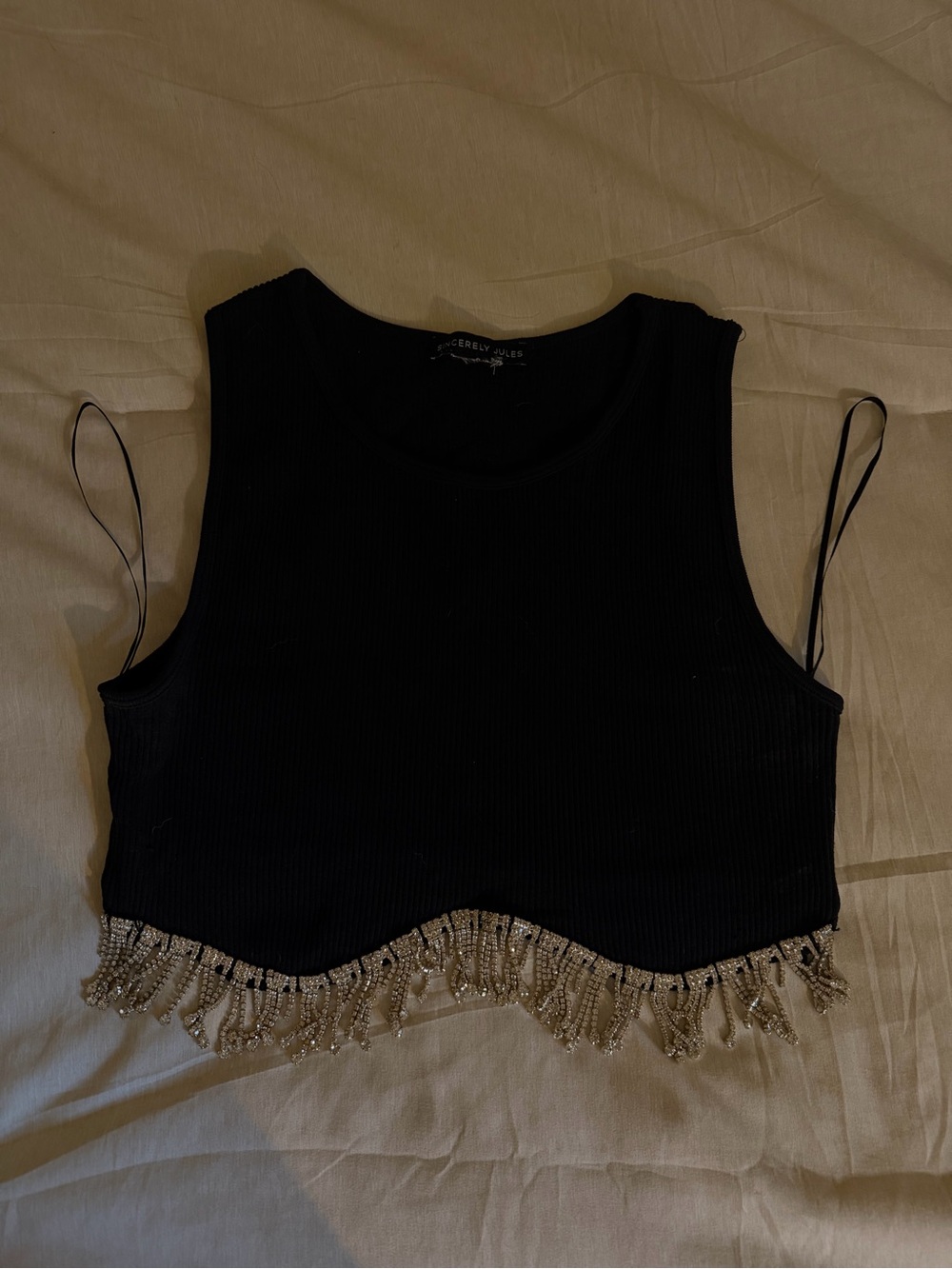 Sincerely Jules Black Cropped Tank with Beaded Fringe